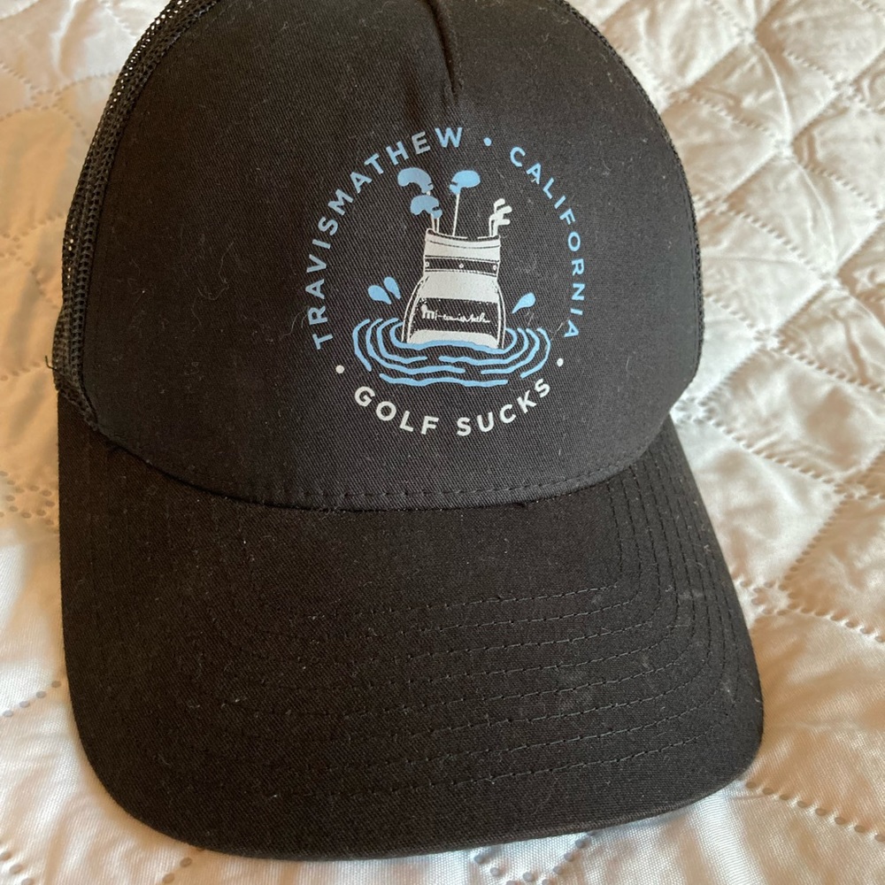 Travis Mathew California Golf Sucks Hat Black Snap Trucker Style